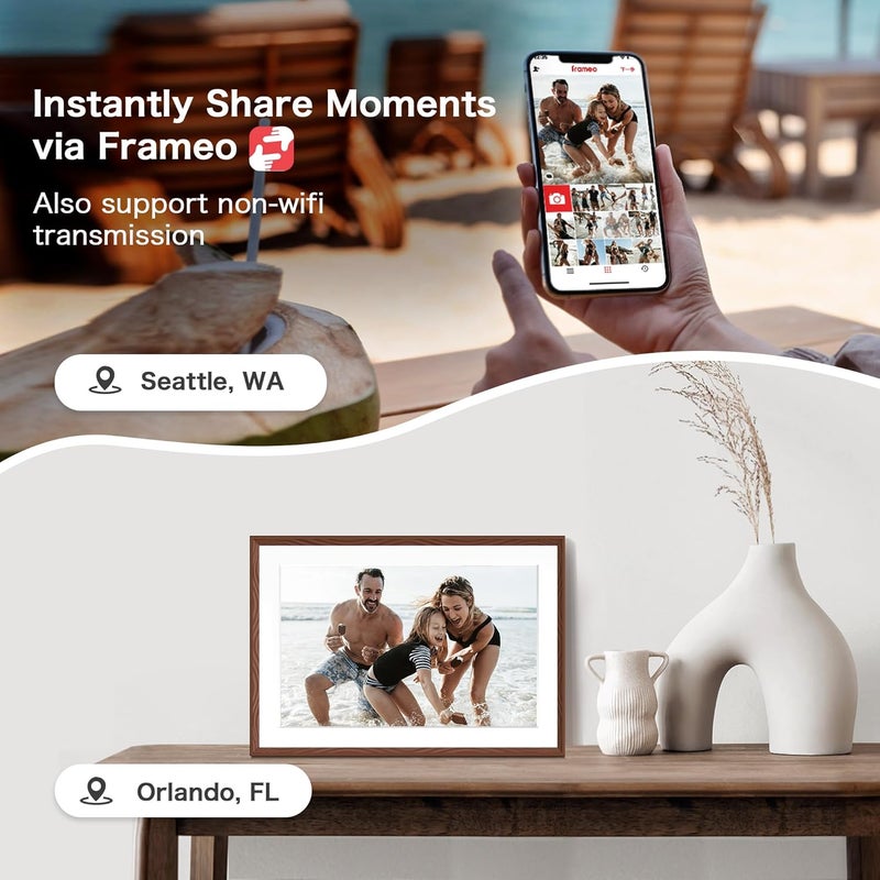 Pastigio إطار صور رقمي، إطار Frameo الرقمي 10.1 بوصة واي فاي، ذاكرة 32 جيجابايت، شاشة لمس عالية الدقة 1280*800، قابل للتعليق على الحائط، مشاركة فورية، هدايا عيد ميلاد للنساء، هدية للأم، بني شوكولاتة - Image 3